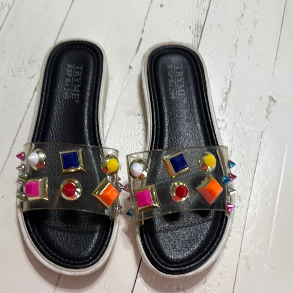 1980s Tryme RSPR”s color block  madonna clear colored Studded Slide Sandals Sz6